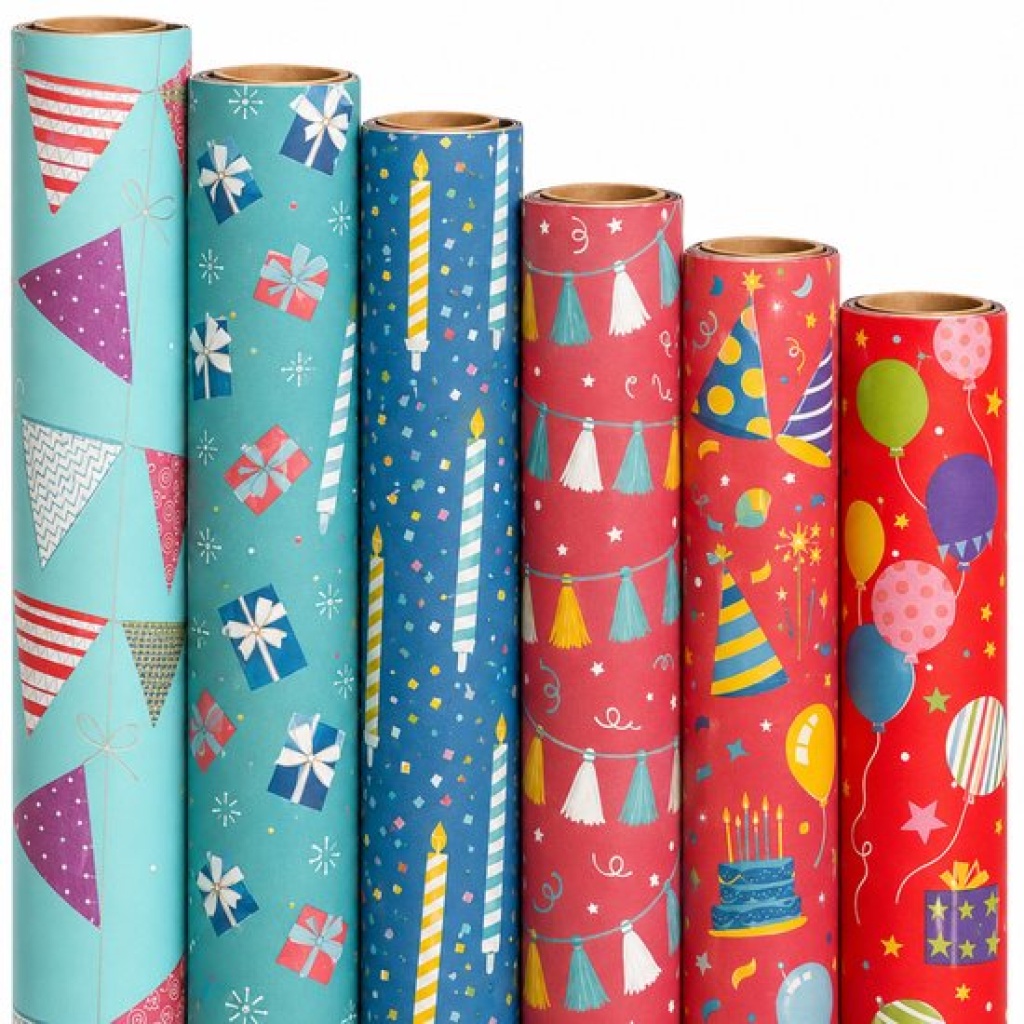 Cadeaupapier Set - Party Vibes Collection (6 Stuks) - 200×70 cm - Turquoise, Blauw, Zalmroze & Rood - Feesthoedjes, Cadeautjes, Confetti, Slingers & Ballonnen - Inpakpapier
