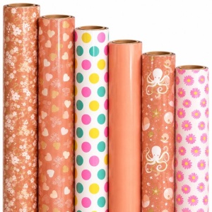 Cadeaupapier Set - Happy vibes Collection (6 Stuks) - 200×70 cm - Zalm, Peach, Roze & Multicolor - Bloemen, Hartjes, Stippen, Octopus & Daisy Prints - Inpakpapier