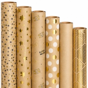 Cadeaupapier Set - Golden Kraft Collection (6 Stuks) - 200×70 cm - Kraft, Goud, Wit & Zwart - Stippen, Sterren, Cadeautjes, Effen & Geometrische Prints - Inpakpapier