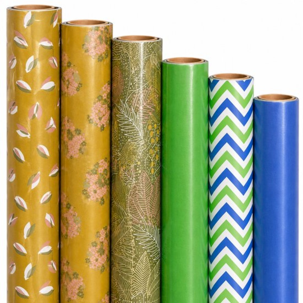 Cadeaupapier Set - Botanical Fresh Collection (6 Stuks) - 200×70 cm - Mosterdgeel, Olijfgroen, Groen, Blauw & Wit - Bladeren, Bloemen, Effen & Chevron Prints - Inpakpapier