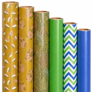Cadeaupapier Set - Botanical Fresh Collection (6 Stuks) - 200×70 cm - Mosterdgeel, Olijfgroen, Groen, Blauw & Wit - Bladeren, Bloemen, Effen & Chevron Prints - Inpakpapier