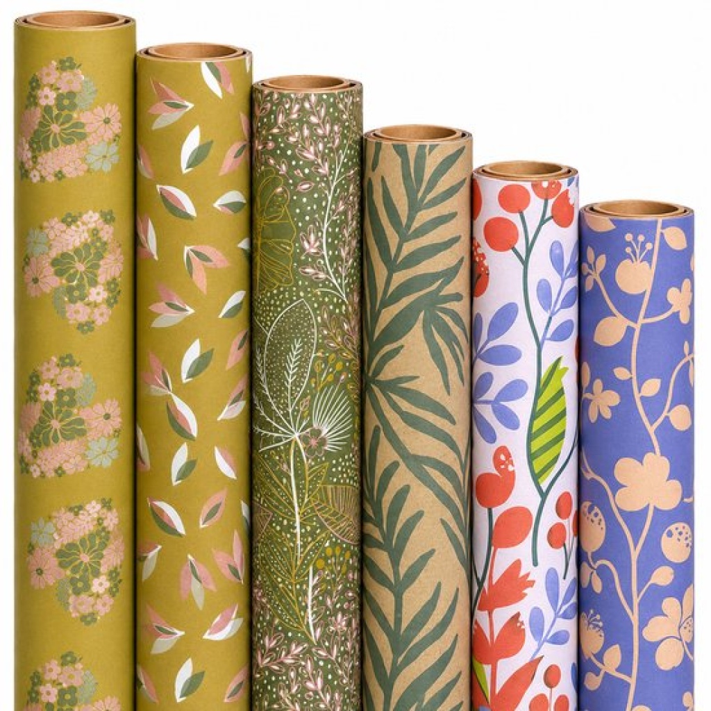 Cadeaupapier Set - Botanical Garden Collection (6 Stuks) - 200×70 cm - Olijfgroen, Kraft, Lila & Natuurtinten - Bloemen, Bladeren & Botanische Prints - Inpakpapier