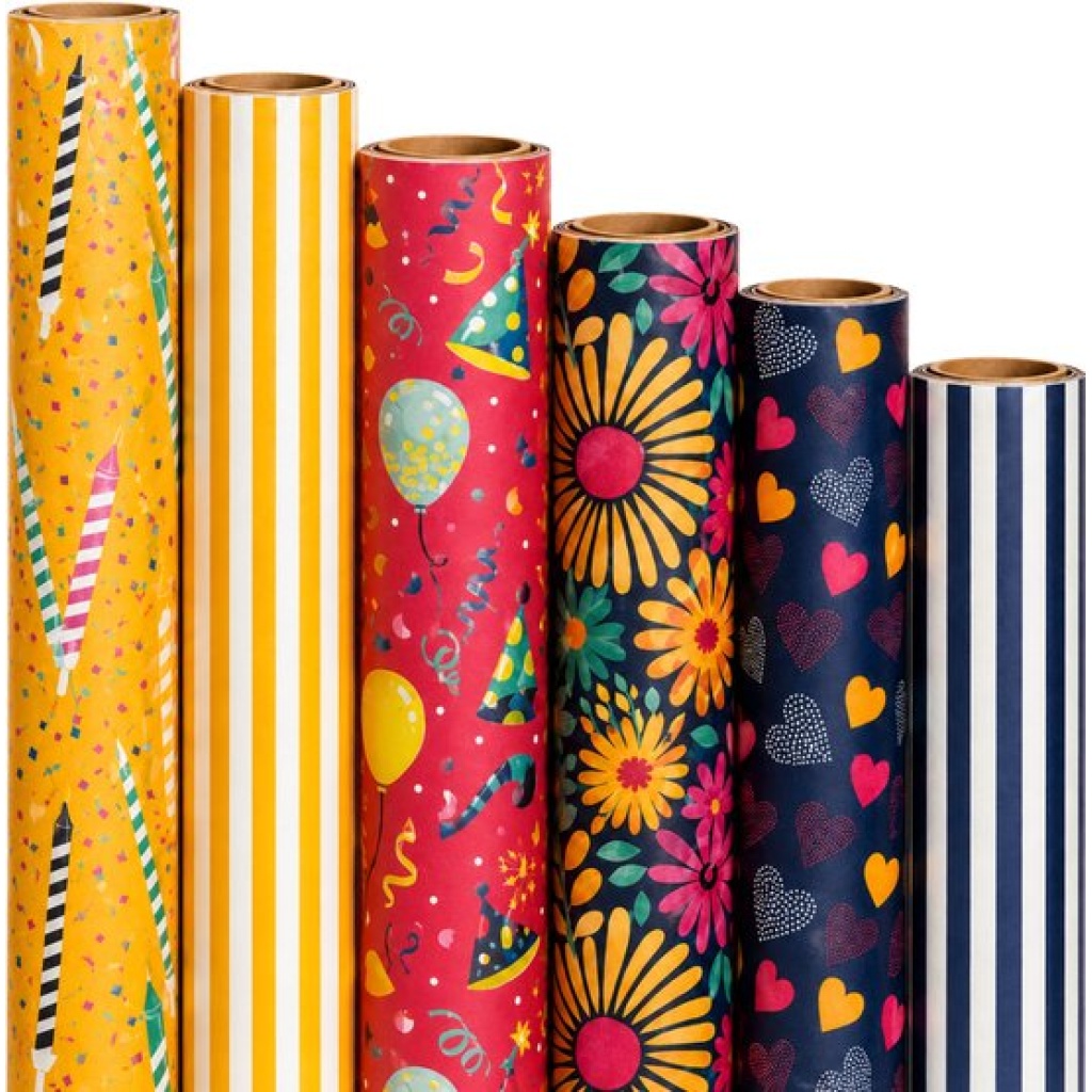 Cadeaupapier Set - Bright Celebration Collection (6 Stuks) - 200×70 cm - Geel, Rood, Donkerblauw & Multicolor - Strepen, Feesthoedjes, Bloemen & Hartjes - Inpakpapier