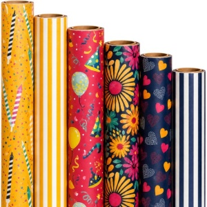 Cadeaupapier Set - Bright Celebration Collection (6 Stuks) - 200×70 cm - Geel, Rood, Donkerblauw & Multicolor - Strepen, Feesthoedjes, Bloemen & Hartjes - Inpakpapier