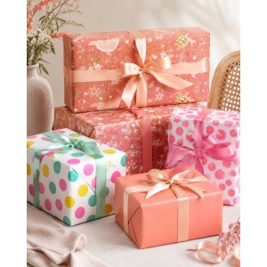 Cadeaupapier Set - Happy vibes Collection (6 Stuks) - 200×70 cm - Zalm, Peach, Roze & Multicolor - Bloemen, Hartjes, Stippen, Octopus & Daisy Prints - Inpakpapier