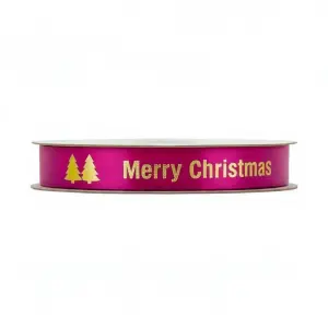 Satijnen Lint - Merry Christmas Fuchsia-Goud - 20 Meter