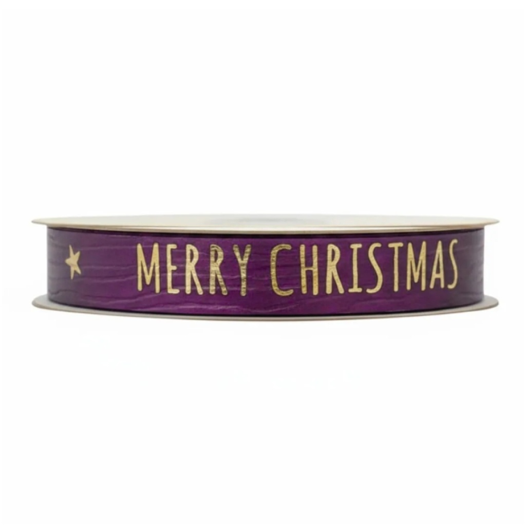 Paperlook krullint – Merry Christmas - 15mm x 25 meter - Paars