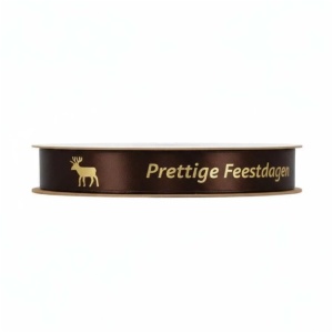 Luxe satijn lint – Prettige feestdagen - 15mm x 20 meter - bruin