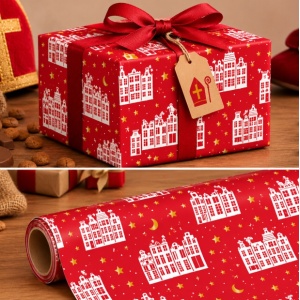 Papierrol - inpakpapier - Sinterklaas - rood (over de daken) - 50cm x 100 meter