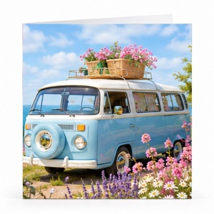 Wenskaart - "Blauw bus met bloemen"