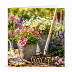Wenskaart - "In de tuin met de hark"