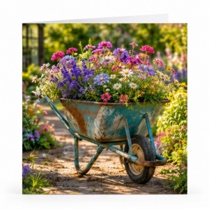 Wenskaart - "Kruiwagen vol bloemen"