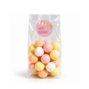50x Uitdeelzakjes + Sticker (Happy Birthday Roze) - 80 x 40 x 240mm | Blokbodemzakjes transparant | Plastic Zakjes | Cellofaanzakjes