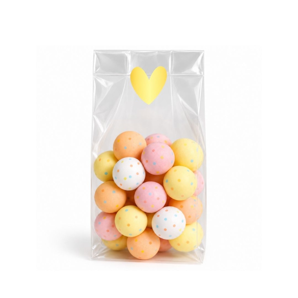 50x Uitdeelzakjes + Sticker (Hart goud) - 80 x 40 x 240mm | Blokbodemzakjes transparant | Plastic Zakjes | Cellofaanzakjes