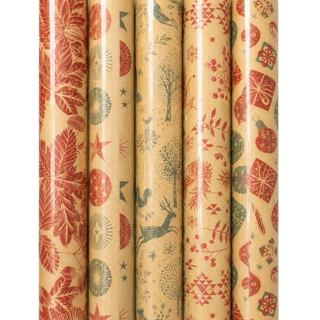 Cadeaupapier Set – Rustic Christmas Collection (5 Stuks) – 200×70 cm – Kraft, Rood & Groen – Rendieren, Wintertakken, Kerstballen & Botanische Prints – Inpakpapier