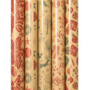 Cadeaupapier Set – Rustic Christmas Collection (5 Stuks) – 200×70 cm – Kraft, Rood & Groen – Rendieren, Wintertakken, Kerstballen & Botanische Prints – Inpakpapier