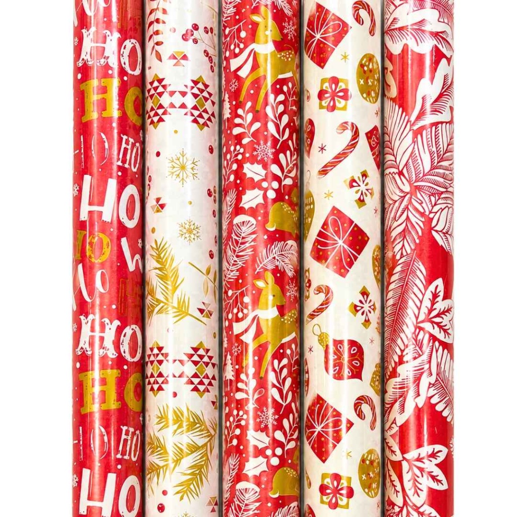 Cadeaupapier Set – Classic Christmas Collection (5 Stuks) – 200×70 cm – Rood, Wit & Goud – Rendieren, Kerstballen, Hulst & Feestelijke Prints – Inpakpapier