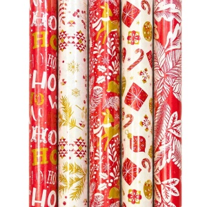 Cadeaupapier Set – Classic Christmas Collection (5 Stuks) – 200×70 cm – Rood, Wit & Goud – Rendieren, Kerstballen, Hulst & Feestelijke Prints – Inpakpapier