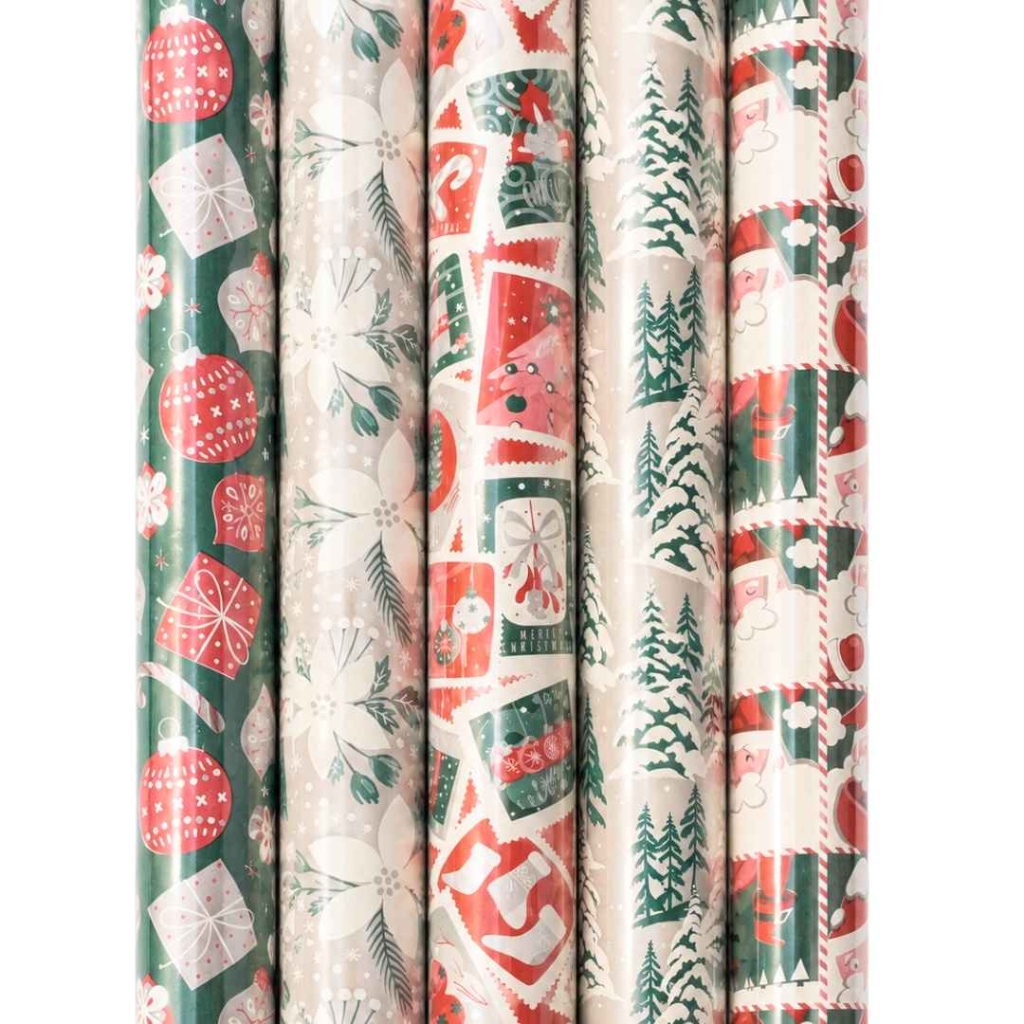 Cadeaupapier Set – Nordic Christmas Collection (5 Stuks) – 200×70 cm – Groen, Crème & Rood – Kerstballen, Winterbloemen, Kerstpost & Dennenbomen – Inpakpapier
