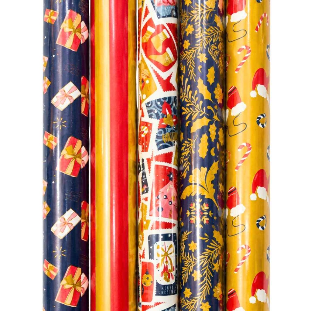 Cadeaupapier Set – Golden Christmas Collection (5 Stuks) – 200×70 cm – Navy, Rood & Goud – Cadeaus, Kerstpost, Hulst & Feestelijke Prints – Inpakpapier
