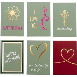 Luxe Wenskaarten set – (24 Stuks) – Metallic goud – 24 kaarten a 12 verschillende teksten - A6 – Blanco achterzijde