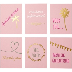 Luxe Wenskaarten set – (24 Stuks) – Metallic goud – 24 kaarten a 12 verschillende teksten - A6 – Blanco achterzijde
